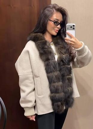 Пальто-куртка шерстяная с натуральным мехом maxmara теплый бежево-сериц с коричневым