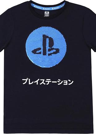 Черная детская футболка sony play station 12-13 лет с двусторонними пайетками меняют цвет в виде синего круга с логотипом playstation
