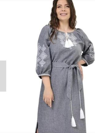 💯%льняное с карманами платье 👗 большого размера