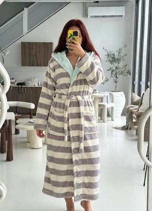Халат женский теплый 🦙 мягкий плюшевый с капюшоном 🎀 primark love to lounge ☕ в полоску домашний оверсайз