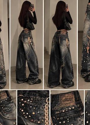 Жіночі джинси acne studios y2k широкого крою з ефектом потертості та декором