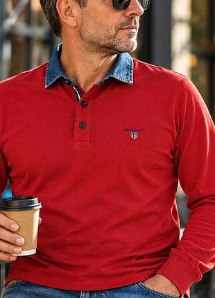 Gant xl – премиальное мужское поло с джинсовым воротником, 100% хлопок