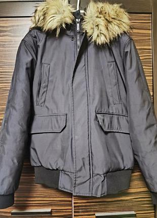 Куртка чоловіча zara men бомбер з хутряним капюшоном, сіра