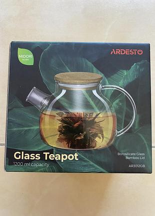 Новый скляний заварник ardesto midori 1200 мл з бамбуковою кришкою чайник для чаю