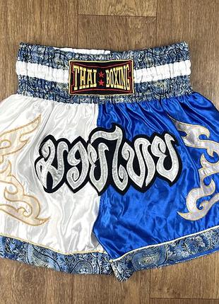 Шорти для тайського боксу му ай тай thai box сині білі спортивні чоловічі боксерки для тренувань муай