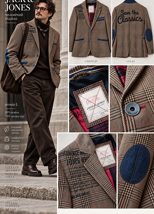 Мужской шерстяной пиджак jack &amp; jones vintage денимные налокотники клетка в клетку коричневый пиджак