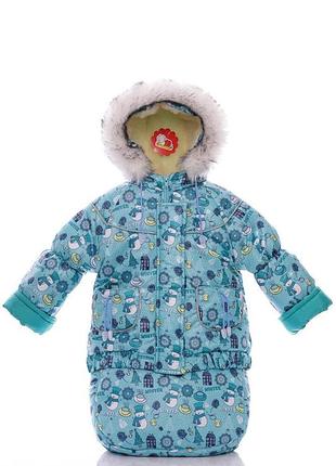 Комбінезон конверт на хутрі babykroha білий з чорним хутром з принтом сніговічків м'ятний трійка