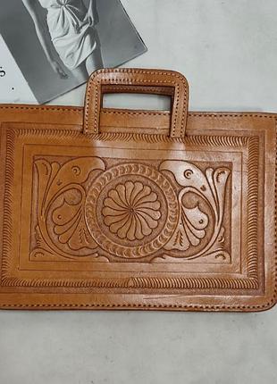 Сумка папка натуральная кожа с тиснением бежевая