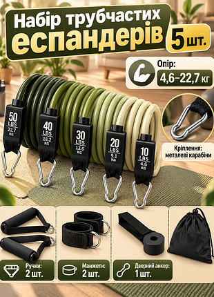 Набір трубчастих еспандерів 5 шт. apx 428, 5 шт., , опір 4,6–22,7 кг зелений