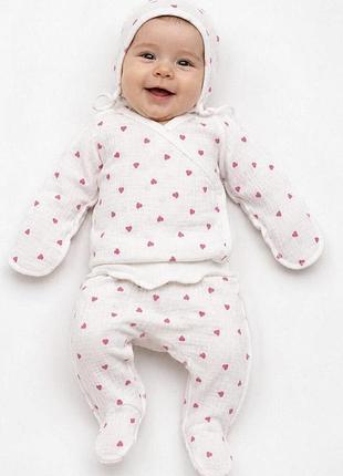 Набор для новорожденного 3в1 муслиновый babykroha в розовое сердце