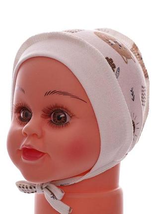 Чепчик на завязках интерлок babykroha кошечка с цветочками белый