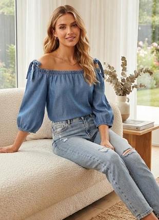 Дуже красива блузка блуза new look denim ліоцелл с відкритими плечами 12(40) р-р бренд оригінал