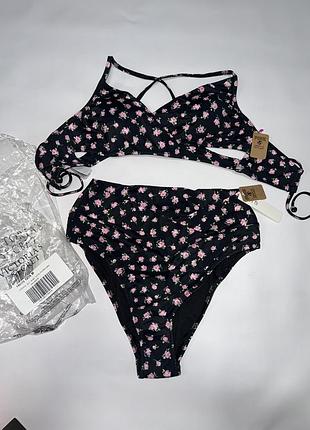 Купальник жіночий victoria's secret роздільний чорний з квітковим принтом