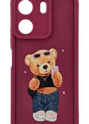 Чохол shock case print для телефона xiaomi redmi 13c бампер силіконовий бордовий з малюнком ведмедик