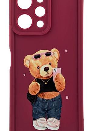 Чохол shock case print для телефона xiaomi redmi 12 бампер силіконовий бордовий з малюнком ведмедик