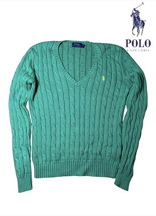 Яскравий зелений светр polo ralph lauren в косичку (v-виріз) s