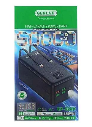 Power bank 50000mah gp-524p 4usb/3a/pd20w/22.5w/qc3.0/фонарик/led дисплей/кабель 2в1 (type-c/lightning) черный тм gerlax