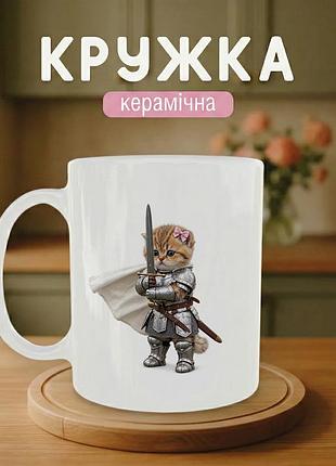 Кружка керамическая с принтом «knight kitty» 330 мл - прикольная подарочная чашка, стильный подарок