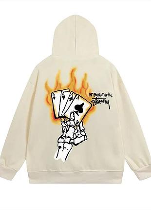 Худі бежевий loys stussy burning playing cards l