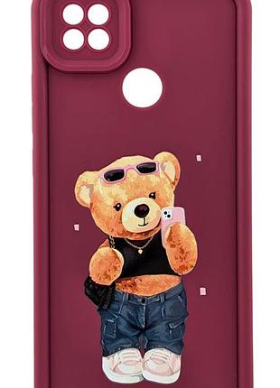 Чохол shock case print для телефона xiaomi redmi 10a бампер силіконовий бордовий з малюнком ведмедик