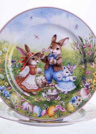 Набор обеденных тарелок фарфоровых 25 см для дома 2 шт rabbit family mc-12756