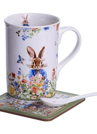 Чашка порцелянова 300 мл із підставкою та ложкою для дому garden rabbits mc-12922