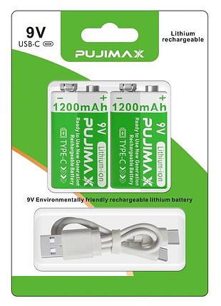 Акумулятори pujimax крона 6f22 з usb type-c 9v li-ion, 1200 mah (блістер 2 шт + кабель)