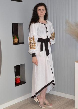 Жіноча вишита сукня лляна біла максі в стилі бохо з традиційним орнаментом "ісла" 44