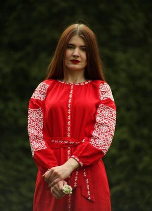 Жіноча вишита сукня лляна червона вище коліна в стилі бохо з геометричним орнаментом "сінді" 50