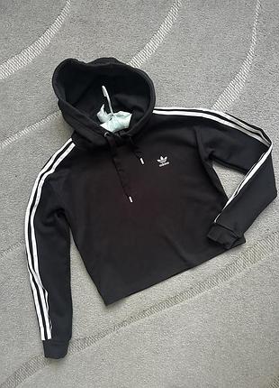 Худі жіноче adidas укорочене чорне з білими смужками