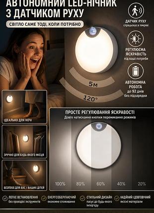Автономний led-нічник з датчиком руху, круглий світлодіодний світильник