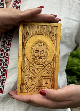 Ікона святого миколая з дерева | різьблена ікона ручної роботи