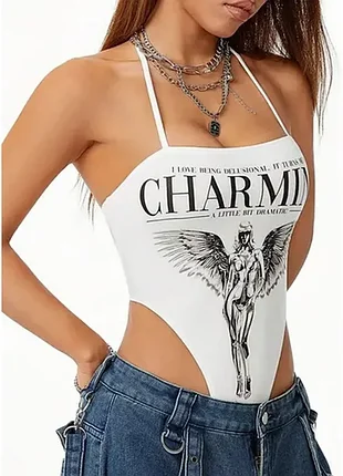 Стильный трикотажный женский боди charming с принтом «ангел» черный и белый.