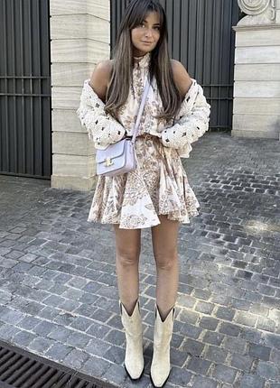 Повітряне коротке плаття zara в стилі бохо з бежево-коричневим принтом пейслі m