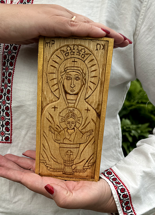Ікона «невипивана чаша» з дерева | різьблена ікона богородиці ручної роботи