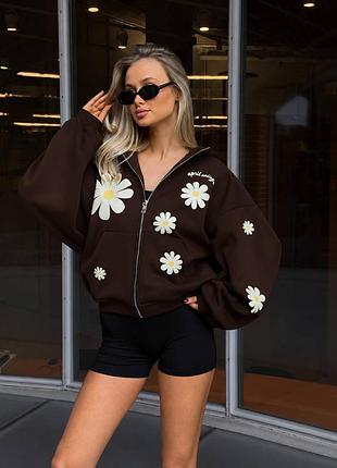 Женское худи на флисе flower oversize 42-48, теплая худи с принтом, мод. 013