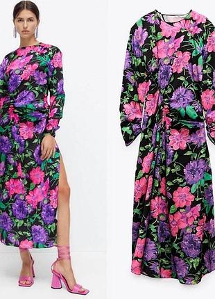 Zara сукня міді з розрізом та квітковим принтом