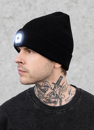 Чоловіча трикотажна шапка біні докер з led ліхтарем usb without lighton black