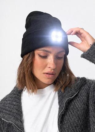 Жіноча трикотажна шапка біні докер з led ліхтарем usb without lighton black