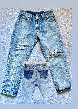 Брендові gf-jeans джинси жіночі блакитні рвані спереду,кармани ззаду темно сині,посадка середня ,спереду нижче,котон щільний s/m нюанс фото =ціна