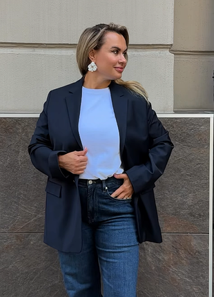 Темно синій вовняний жакет оверсайз zara