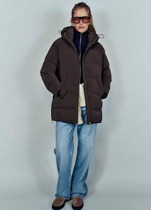 Жіноча довга пухова куртка пуховик стьобаний анорак з капюшоном зима zara