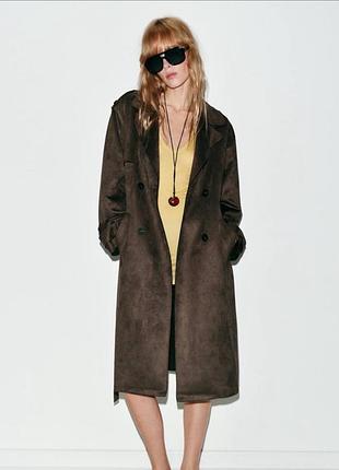Жіночий довгий тренч плащ з штучної шкіри zara