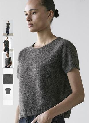 Сірий светр з коротким рукавом джемпер massimo dutti  в складі 40 % шерсть 37% альпака