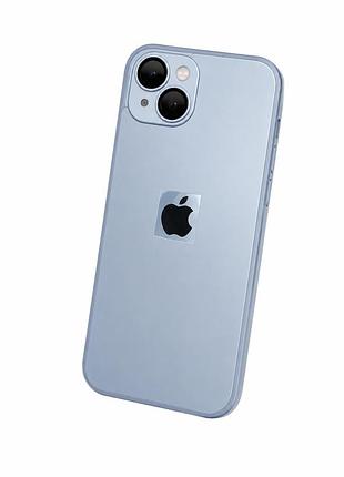 Чехол из закаленного матового стекла с линзами на камере на iphone 15 ( голубой )