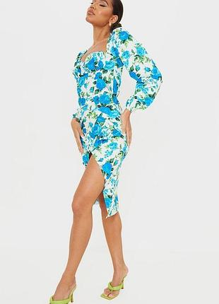 Нова міді сукня prettylittlething blue floral print ruched bust long sleeve midi dress