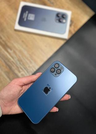 Чохол із загартованого матового скла з лінзами на камері на iphone 11 pro ( синій )