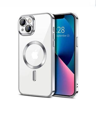 Прозорий силіконовий чохол на iphone 14 pro з підтримкою бездротової зарядки та захисними лінзами серебро