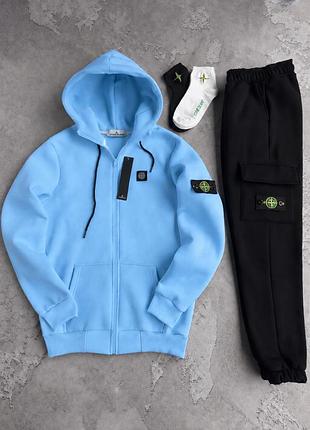 Мужской зимний спортивный костюм stone island голубой на флисе стон айленд теплый с капюшоном (b)