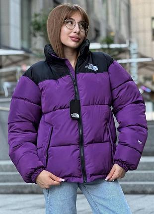 Женская зимняя куртка the north face оверсайз фиолетовая пуховик до -25*с тнф скрытый капюшон (b)